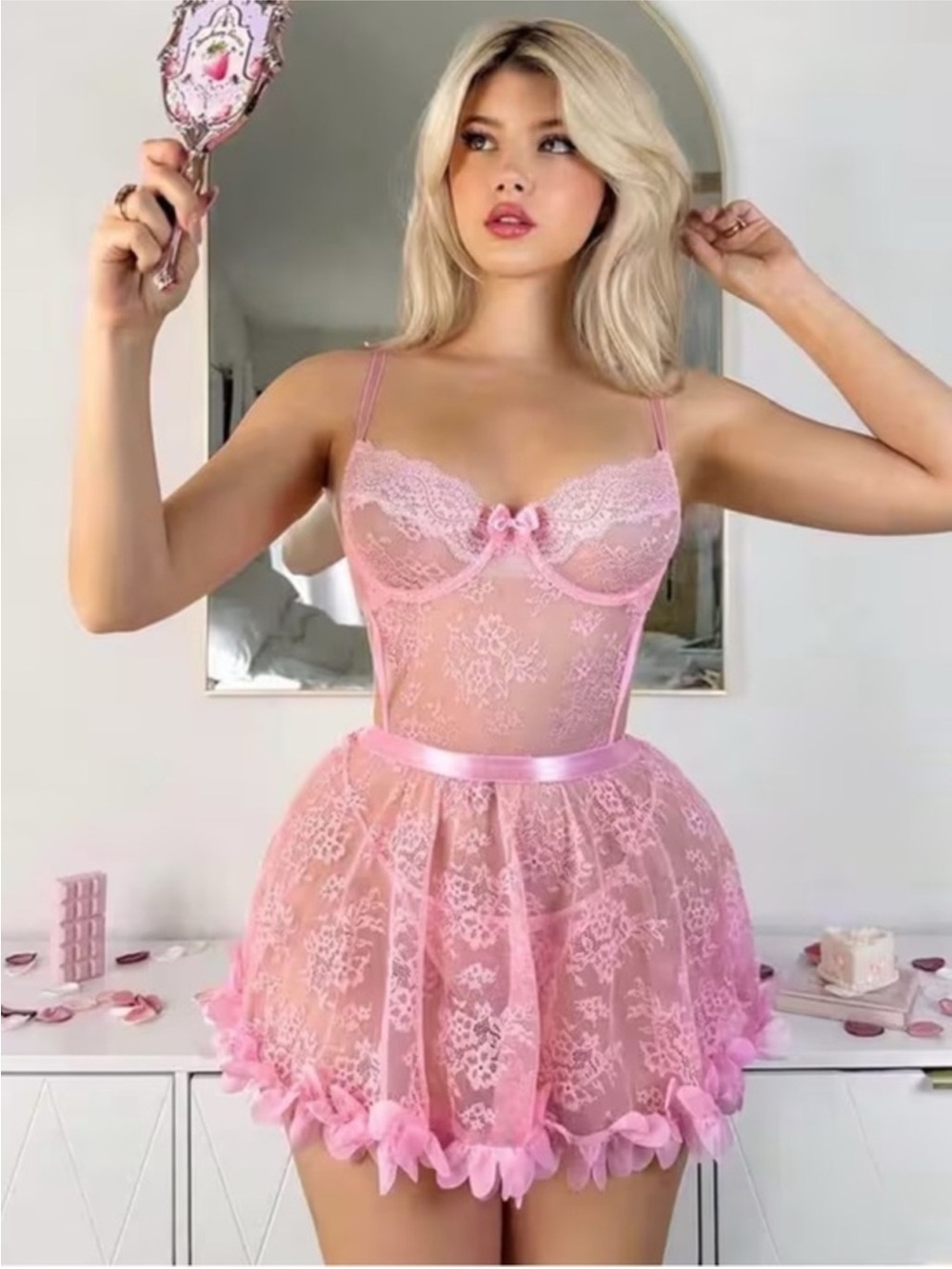Sheer Lace Babydoll Chemise in Pink - Women Intimates